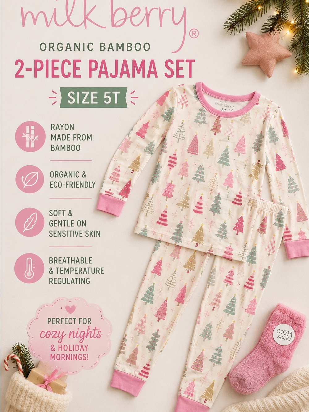 Milk.Berry Organic Bamboo Kids Pajama Set - Pink Tree Pattern
